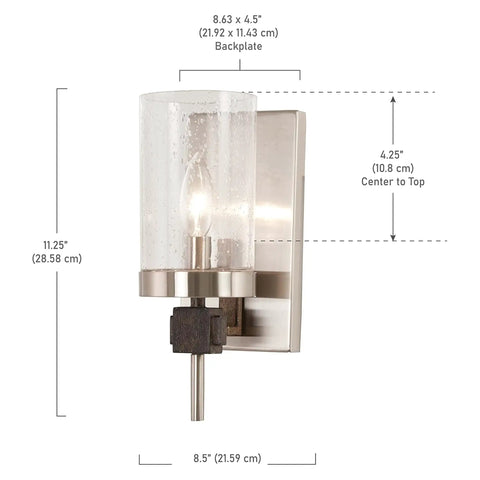 Bridlewood Vanity Bath Light 1 Light Fixture Stone Grey With Brushed Nickel Finish showing dimensions and seeded glass shade