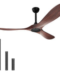 Big 60 Inch Outdoor Ceiling Fan With Remote Control, Reversible DC Motor, Walnut Finish With Black Accents, shown with rods