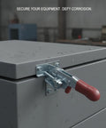 Heavy Duty Spring Loaded Toggle Latch securing toolbox lid with stainless steel finish for tough garage work and equipment cases.