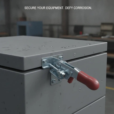 Heavy Duty Spring Loaded Toggle Latch securing toolbox lid with stainless steel finish for tough garage work and equipment cases.