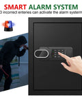 Beefy 3.4 Cu Ft Water And Fireproof Home Safe With Digital Keypad And Back Up Key shown with hand accessing keypad and security alert.