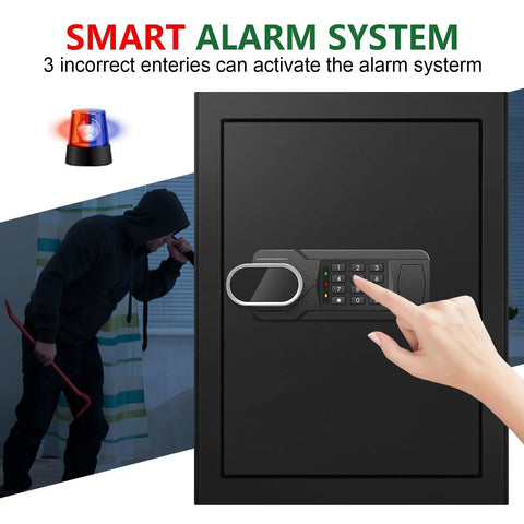 Beefy 3.4 Cu Ft Water And Fireproof Home Safe With Digital Keypad And Back Up Key shown with hand accessing keypad and security alert.