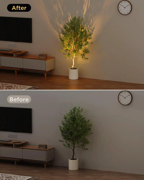 Before and after of Rechargeable Wireless Indoor LED Spotlight Up Light Kit illuminating a potted tree, enhancing home decor.