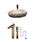 Top Shelf Stone Vessel Bathroom Sink Ideal For Countertops Or Patios Featuring A Slick Smooth Bowl Interior And Rugged Outside Look That Is A Serious Space Upgrader, with bronze faucet and drainage components.