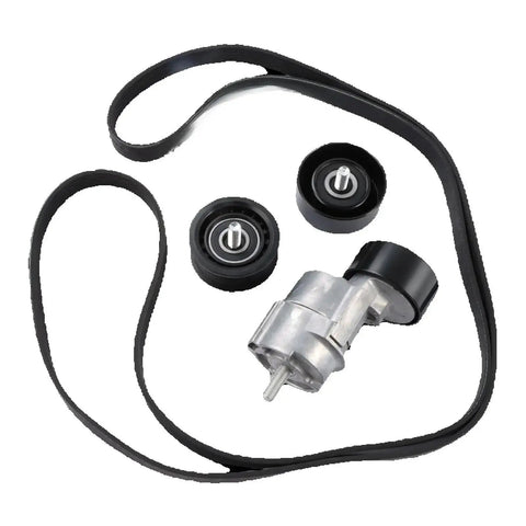 Heavy Duty Belt Tensioner And Idler Pulley Kit For 2006-2015 Hyundai Kia 2.0L 2.4L Engines With EPDM Rubber Heat Oil Ozone Resistant Vibes Away Engine Noise For A Smooth Ride Ahead, shown with belt and pulleys