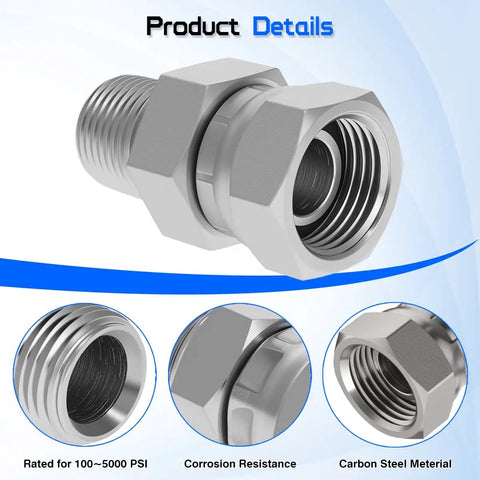 Hydraulic Swivel Adapter 1/4 Inch NPTF Male To 1/4 Inch NPSM Female 360 Degree Swivel For Tight Spaces No Fuss Alignment Anti Kink Design Durable Steel Construction High Flow Quick Connect, carbon steel