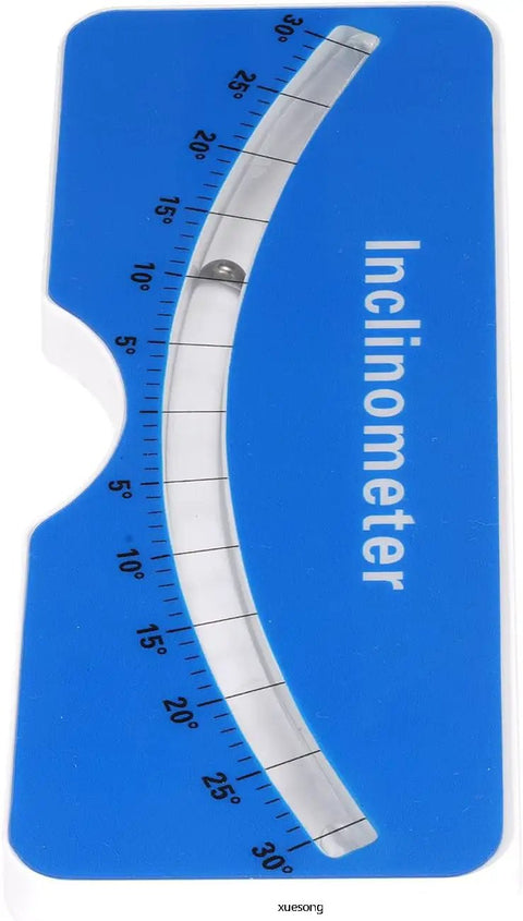 Portable Scoliometer For Spine Contour And Alignment Measurement, Lightweight Back Deformity Gauge With Metal Ball Insert, Easy To Use Spine Slope Tool For Quick Assessment And Diagnosis, Durable And Ready For Clinic Or Home. Blue plastic scoliometer with 0-30° scale
