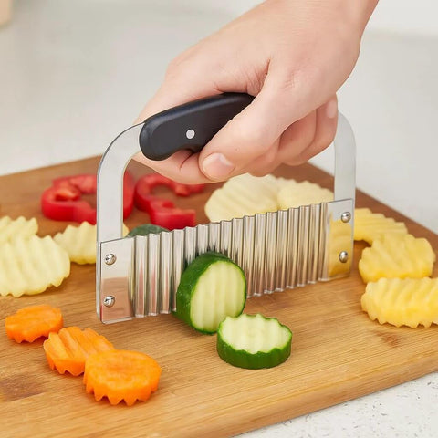 Front view of HIC Kitchen crinkle-cut wave slicer with stainless steel blade; handheld vegetable cutter set of 2