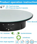 Qinmay 360 Degree Rotating Display Stand With Remote Control showing product operation instructions and control buttons.