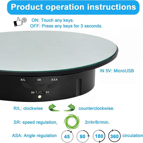 Qinmay 360 Degree Rotating Display Stand With Remote Control showing product operation instructions and control buttons.