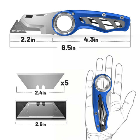 Folding Utility Knife Pocket Knife Heavy Duty Box Cutter With Aluminum Body Quick Change Blades Anti Slip Finger Loop Durable Razor Knife For Home Office And Warehouse Tackle Tough Jobs With Ease, 6.5in blue aluminum body