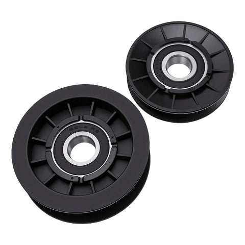 Gotta love this sleek Rastky Flat Idler Pulley Kit For Your Lawn Mower Deck That Fixes V Belt Slippage And Delivers Super Smooth Operation With Durable Plastic Metal Bearings Perfect Match For GX20286 287 Models Plus More Decks Like LA100 LA105 LA110, two black pulleys