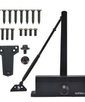 Built Tough Grade 2 Automatic Door Closer with screws, bracket, and hydraulic arm in matte black for installation.