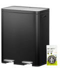 Dual Compartment Trash And Recycling Bin In Black Stainless Steel, 60L Capacity, 30L Each, Independent Lids And Pedals visible