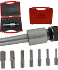 Pro Grade MT3 Shank Rotary Broach Kit With ER-25 Adapter And 7 Imperial Hex Broaches displayed with red case and hex bits