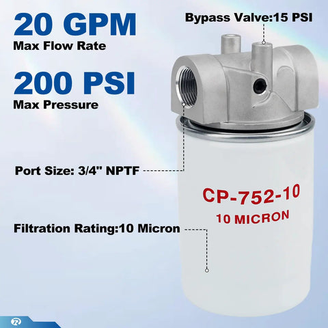Spin On Hydraulic Oil Filter Assembly With Indicator Ports For Petroleum Based Fluids, 10 Micron Filtration, 20 GPM, 200 PSI, Three Quarter Inch NPTF Return Line Ports, For Tractors, Excavators, And Industrial Equipment