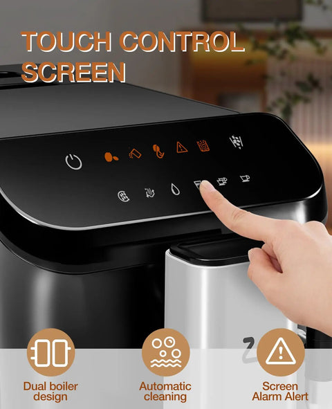 Touch control screen of the espresso maker, showcasing dual boiler design, automatic cleaning, part of Kickstart Your Daily Brew With This Legit Fully Automatic Espresso Maker Featuring A Built In Grinder 20 Bar High Pressure Pump And Zero Hassle Milk Frother For Smooth Lattes And Rich Cappuccinos At Home.
