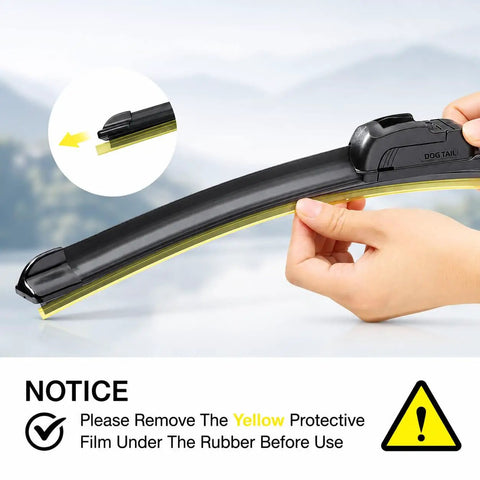 Super 22 Inch Front Wiper Blades 2 Pack All Season J Hook Compatible showing installation with yellow protective film removal