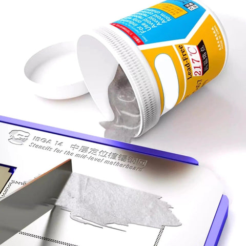 Professional Solder Paste For Electronics Pros And Diyers 183C Melting Point High Viscosity tub spilling onto stencil