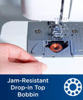 No Sweat Dead Simple Sewing Machine With 37 Built In Stitches And Automatic Needle Threader Including Drop In Top Bobbin view of jam-resistant drop-in top bobbin being threaded.