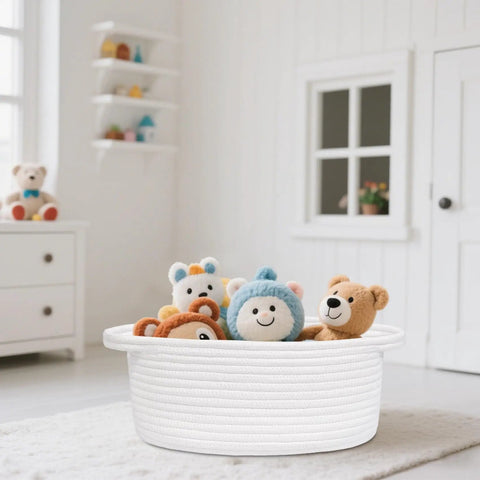 Rope Storage Basket With Handles For Pet Toys And Essentials Boho Woven Organizer Bin For Shelves 12 By 8 By 5 Inches White