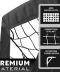 Close-up of 9x5 Feet Portable Kids Soccer Goal showing durable 420D Oxford cloth net, trapezoidal frame, and design features.