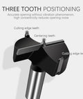 Heavy Duty 3 Inch Carbide Tipped Forstner Drill Bit Set With Bully Proof Durability showing three tooth positioning for precise cutting.
