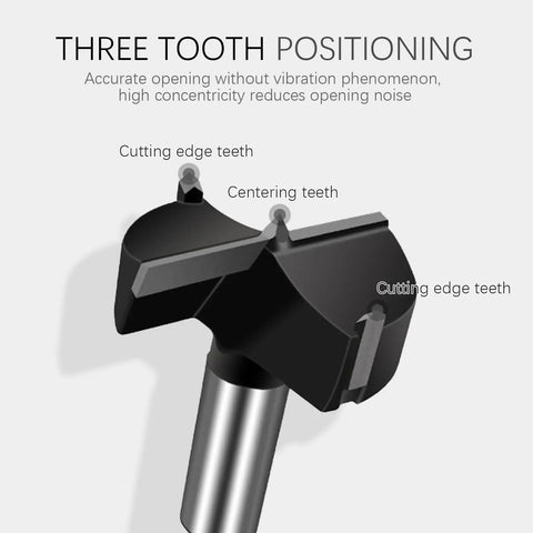 Heavy Duty 3 Inch Carbide Tipped Forstner Drill Bit Set With Bully Proof Durability showing three tooth positioning for precise cutting.