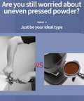 Professional 48mm Stainless Steel Coffee Tamper With Height Adjustable Stand And Pressure Gauge To Nail The Perfect Homemade Espresso Shot Every Single Time showing uneven tamping vs even tamping.