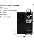 Office Boss Level Single Serve Coffee Maker With Plumbed Water Line, Brew Over Ice, Five Cup Sizes, dimensions view