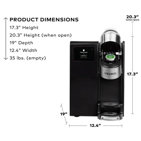Office Boss Level Single Serve Coffee Maker With Plumbed Water Line, Brew Over Ice, Five Cup Sizes, dimensions view