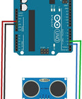Diagram of HC SR04 Ultrasonic Sensor Distance Module connected to Arduino board for DIY projects and robotics.