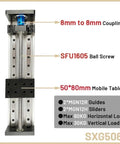 Double Rail SFU Ballscrew Motion Stage With Adjustable Travel And Three Ball Screw Specs showing SFU1605 ball screw and mobile table