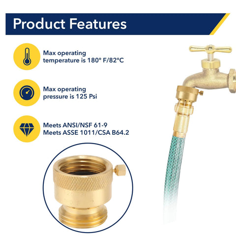 Brass Hose Bib Backflow Preventer Vacuum Breaker Outdoor Faucet 3/4 Inch FHT To 3/4 Inch MHT Connection Garden Hose Bib attached to faucet