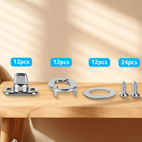 Front view: nickel-plated marine fasteners set with 12 twist-locks, 12 turn-button eyelets, 12 washers, and 24 screws