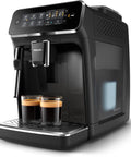 Killer Fully Automatic Espresso Machine With Slick Ceramic Grinder And One Touch Milk Frother For Silky Lattes And Bold Black Coffee Plus No Sweat Touch Panel And Smart Aqua Filter In Sleek Black Design brewing espresso shots into two glasses.