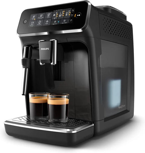Killer Fully Automatic Espresso Machine With Slick Ceramic Grinder And One Touch Milk Frother For Silky Lattes And Bold Black Coffee Plus No Sweat Touch Panel And Smart Aqua Filter In Sleek Black Design brewing espresso shots into two glasses.