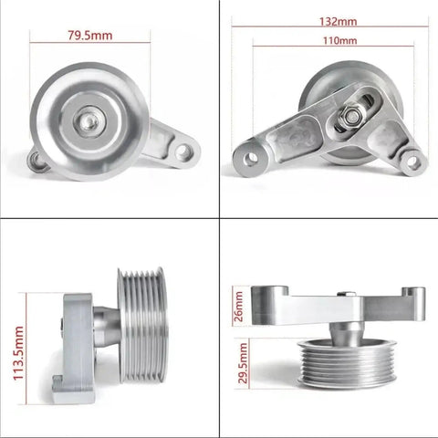 K24 Swap Belt Idler Pulley Kit For Civic Integra EP3 Style Adjustable Aluminum Drive Tensioner With Precise Fit Perfect Match Factory Wiring And Mounting Specs For Hot Rod Builds And Street Racing Grinds, silver aluminum pulley with 79.5mm and 132mm dimensions