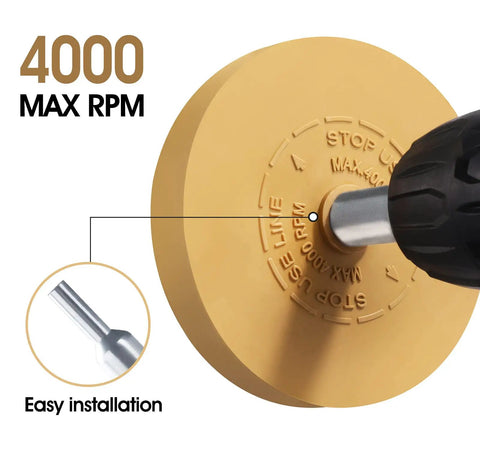 Pro Grade Abrasive Eraser Wheel For Car Decals And Adhesives, Drill Adapter Ready, close-up showing max 4000 RPM text