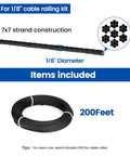 Diagram showing 200 Ft One Eighth Inch Black Stainless Steel Cable Railing Kit with 7x7 strands and items included