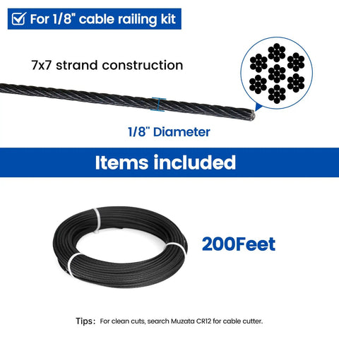 Diagram showing 200 Ft One Eighth Inch Black Stainless Steel Cable Railing Kit with 7x7 strands and items included