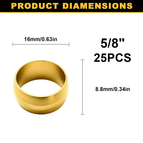 Brass compression sleeve ferrule for 5/8 in tubing; gold cylindrical ring, 16 mm ID, 8.8 mm tall