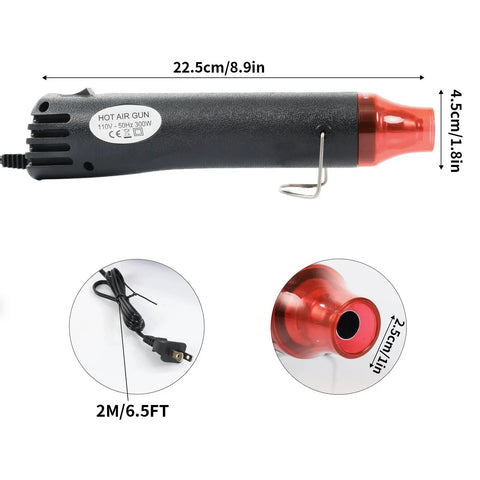 Side view of Crafts Heat Gun 110V 300W Handy Hot Air Tool with red nozzle, 8.9 inch length, and 6.5ft cord for crafting projects.