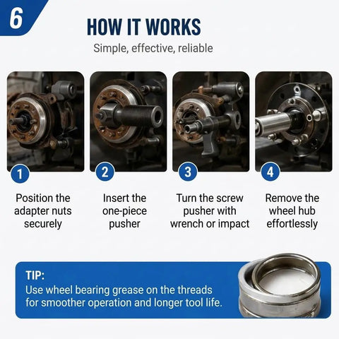 Step-by-step guide using Heavy Duty Dual Wheel Separator Tool For Stuck Hub Removal With One Piece Pusher Ball Bearing Driven Kit.