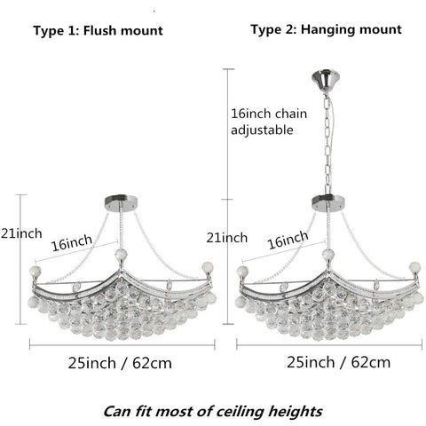 Modern Crystal Chandelier Pendant Light With Silver Finish, 25 Inch Ceiling Fixture flush and hanging mount options
