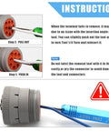 Instructional guide showing Deutsch Pin Removal Tool For DT DTM DTP DTHD And HD Series Connectors with tool in use.