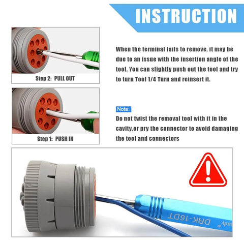Instructional guide showing Deutsch Pin Removal Tool For DT DTM DTP DTHD And HD Series Connectors with tool in use.