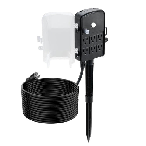 Heavy Duty Outdoor Power Stake With 25 Foot Extension Cord And Six Weatherproof Grounded Outlets, black and sturdy design.