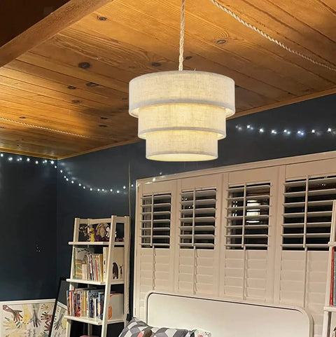 Three Tier Drum Linen Plug In Pendant Light With Fifteen Foot Hemp Rope Cord E26 Dimmer Switch Hanging Fixture in room view