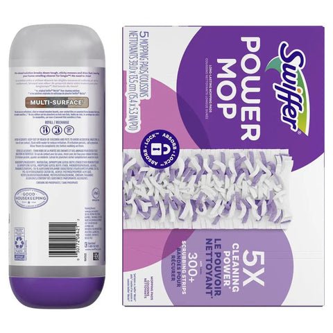 Power Mop Refill Pack With Lavender Floor Cleaner Solution Includes 5 Multi Surface Mopping Pads And 1 25.3 Fl Oz Bottle Boss Level Clean For Tile Vinyl Laminate And Wood Floors Kitchen And Bathroom Scrub All Purpose, bottle and pad box